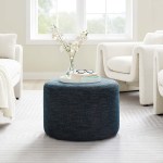 Callum Large 23" Round Woven Heathered Fabric Upholstered Ottoman - Image 8