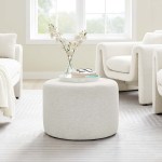Callum Large 23" Round Woven Heathered Fabric Upholstered Ottoman - Image 17